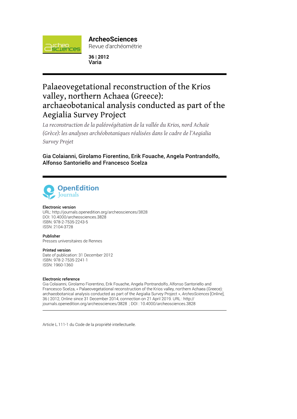 Palaeovegetational Reconstruction of the Krios Valley, Northern Achaea