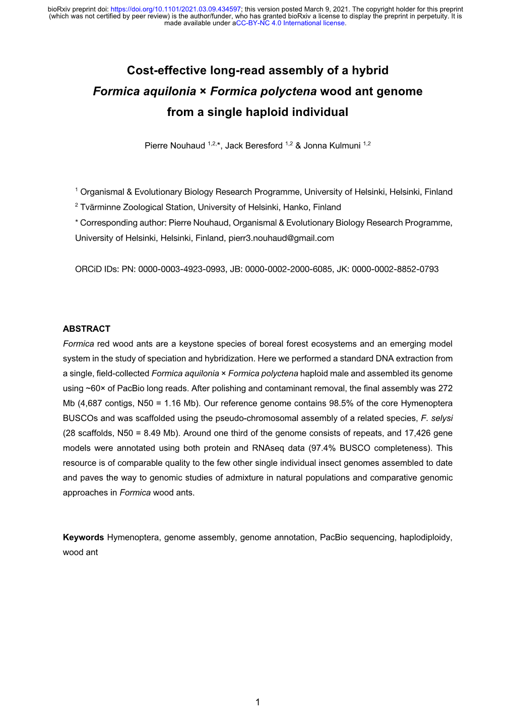 Cost-Effective Long-Read Assembly of a Hybrid Formica Aquilonia × Formica Polyctena Wood Ant Genome from a Single Haploid Individual