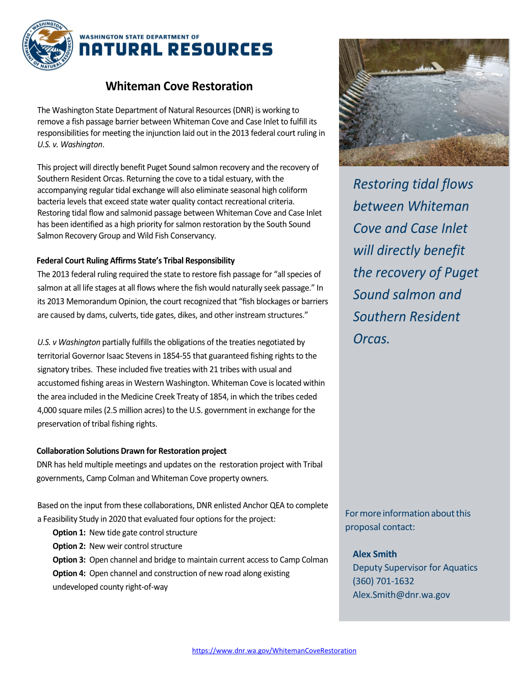 Restoring Tidal Flows Between Whiteman Cove and Case Inlet Will Directly Benefit the Recovery of Puget Sound Salmon and Southern