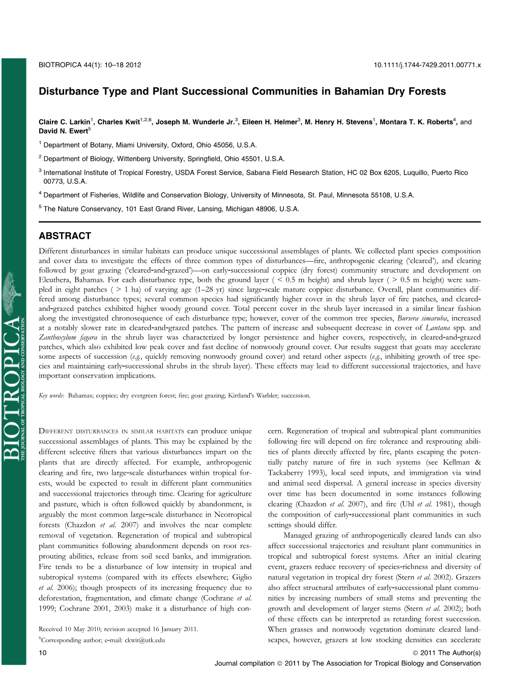 Disturbance Type and Plant Successional Communities in Bahamian Dry Forests