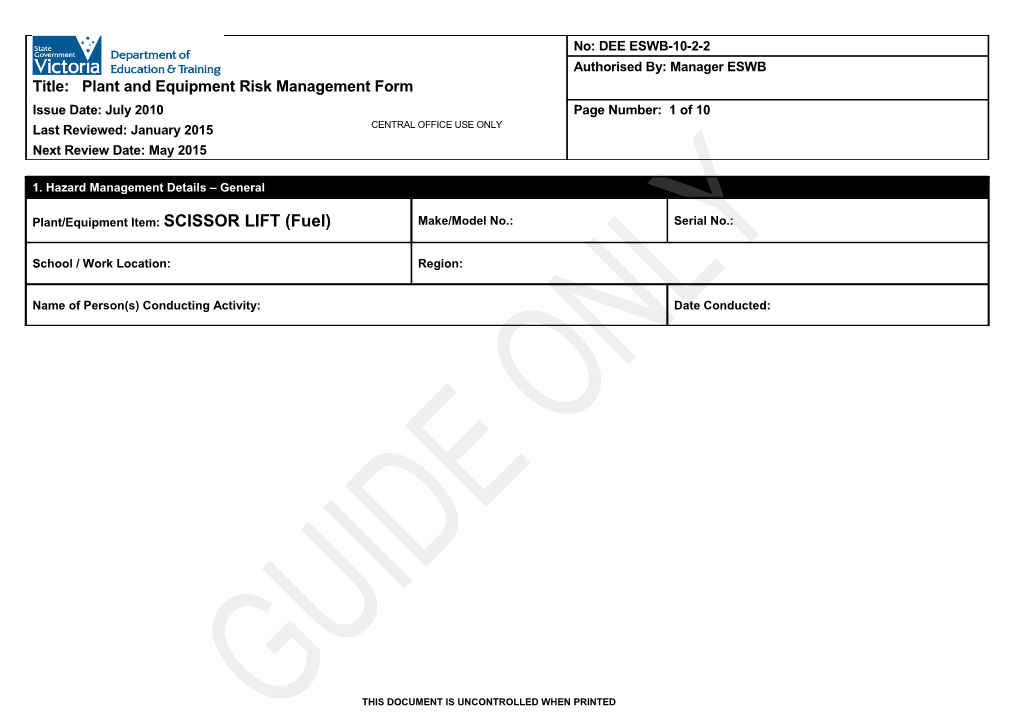 Plant and Equipment Risk Management Form - Scissor Lift (Fuel)