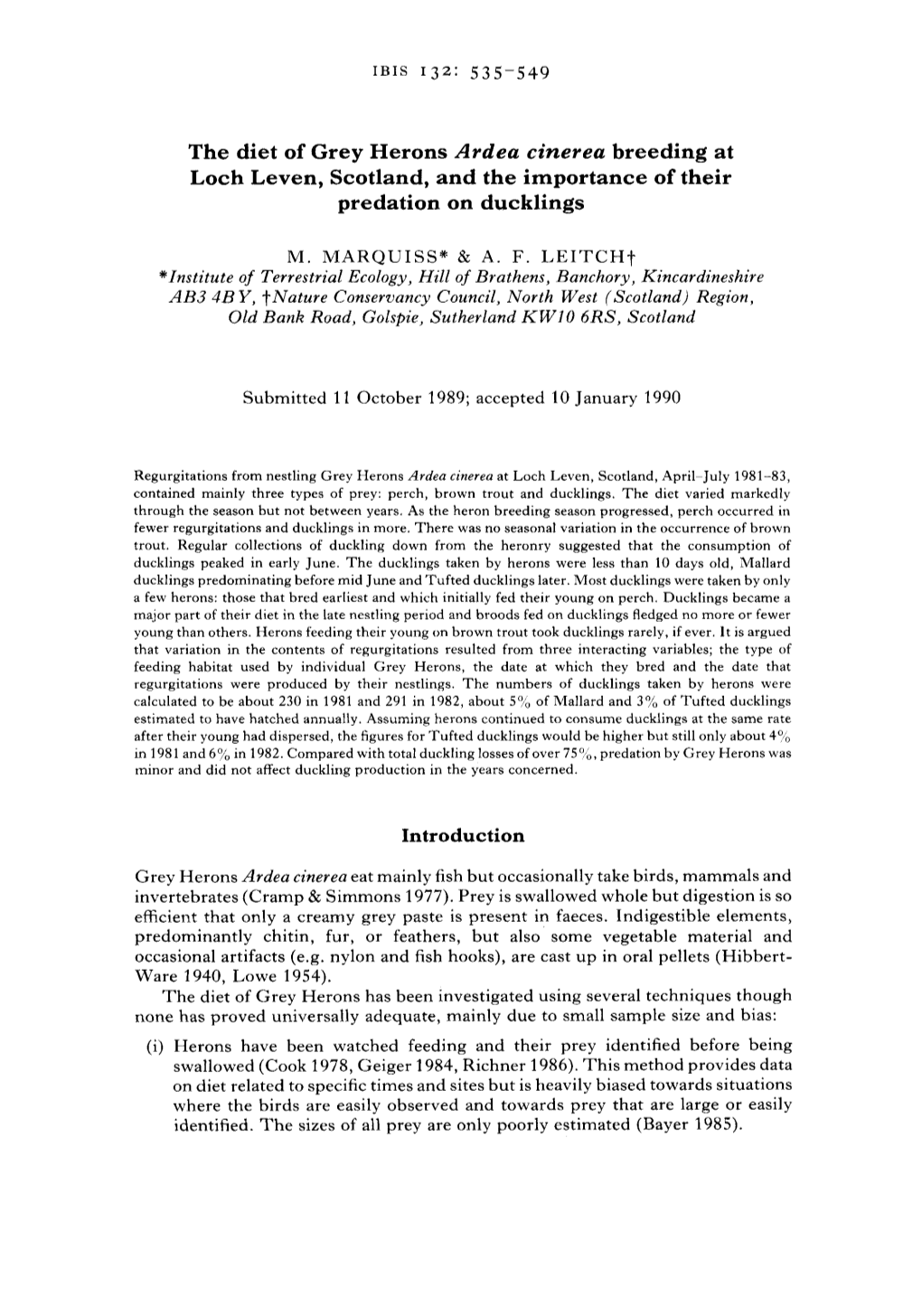 The Diet of Grey Herons Ardea Cinerea Breeding at Loch Leven, Scotland, and the Importance of Their Predation on Ducklings