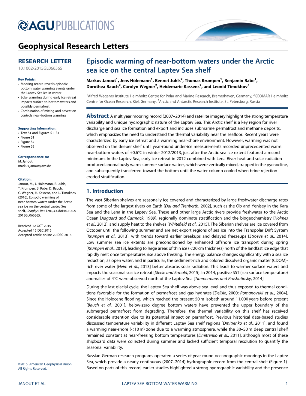 Episodic Warming of Near-Bottom Waters Under the Arctic Sea Ice On