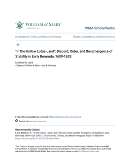 Discord, Order, and the Emergence of Stability in Early Bermuda, 1609-1623