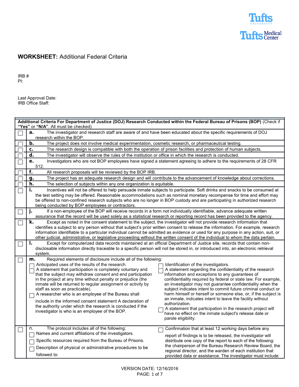 WORKSHEET: Criteria for Approval and Additional Considerations