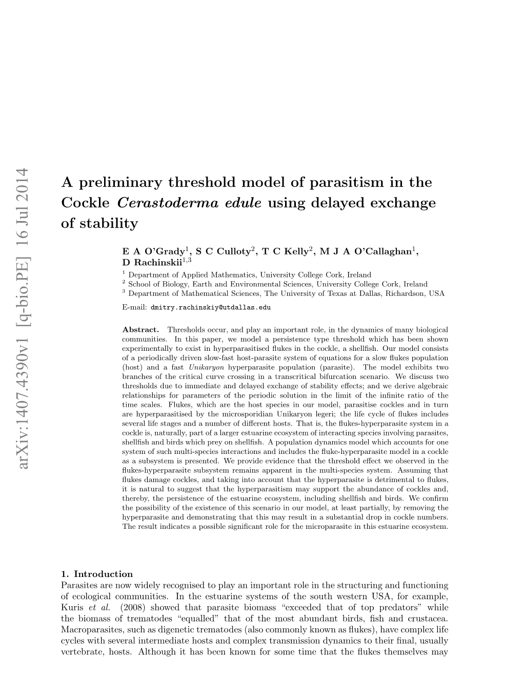 A Preliminary Threshold Model of Parasitism in the Cockle\Emph