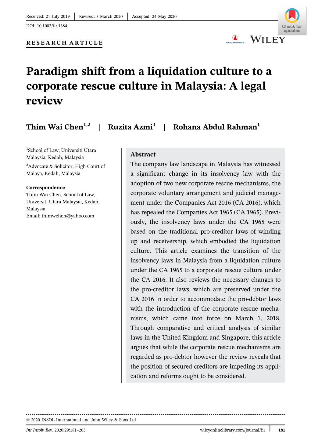 Paradigm Shift from a Liquidation Culture to a Corporate Rescue Culture in Malaysia: a Legal Review