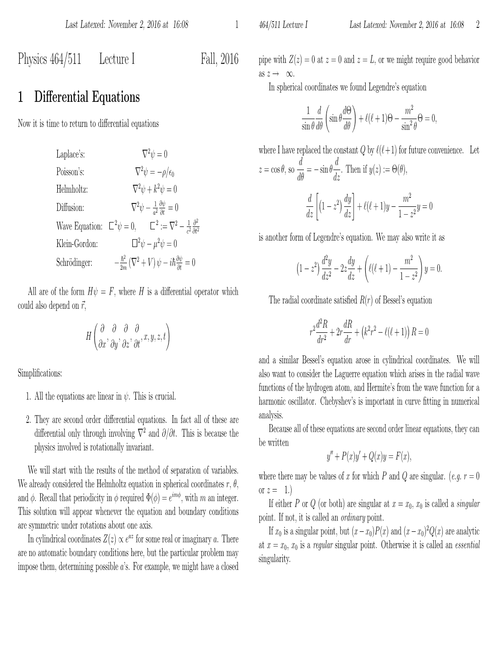 Physics 464/511 Lecture I Fall, 2016 1 Differential Equations