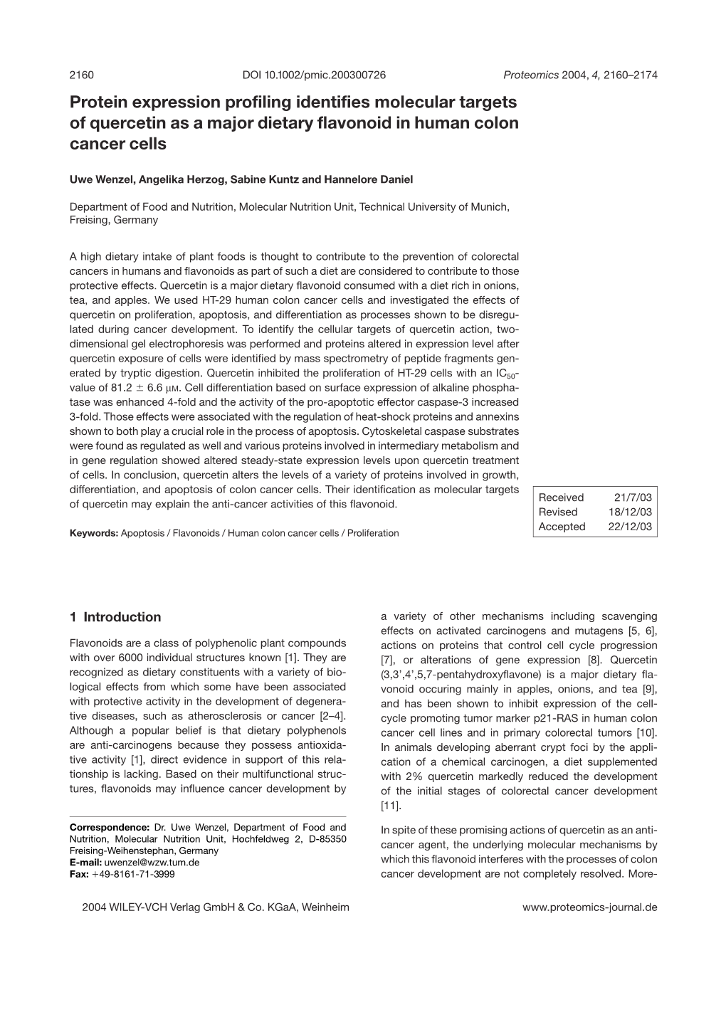 Protein Expression Profiling Identifies Molecular Targets of Quercetin As a Major Dietary Flavonoid in Human Colon Cancer Cells