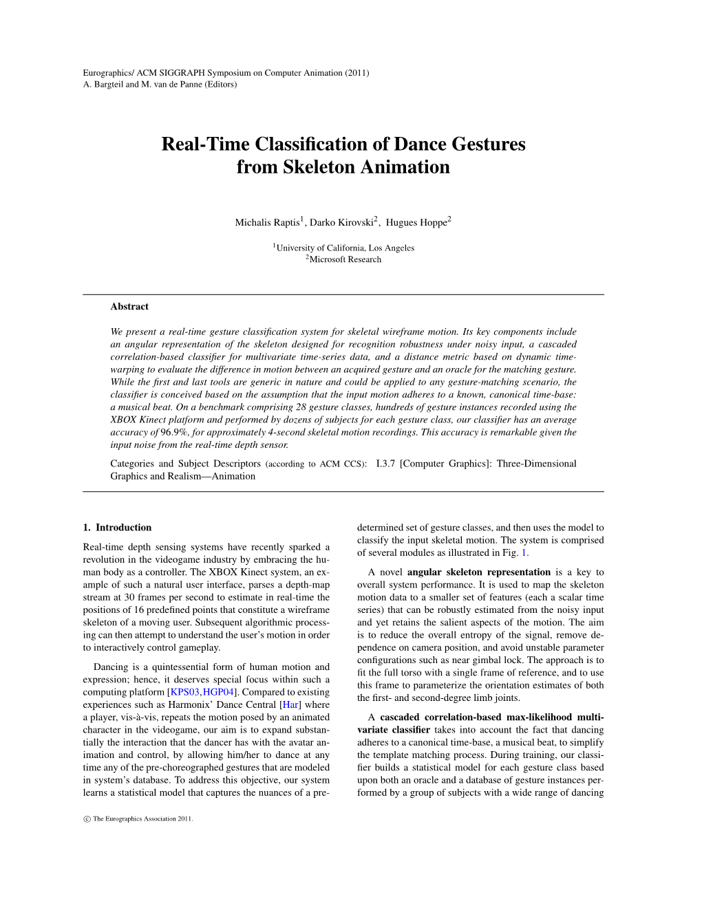 Real-Time Classification of Dance Gestures from Skeleton Animation