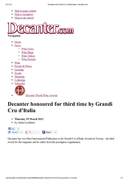 Decanter Honoured for Third Time by Grandi Cru D'italia