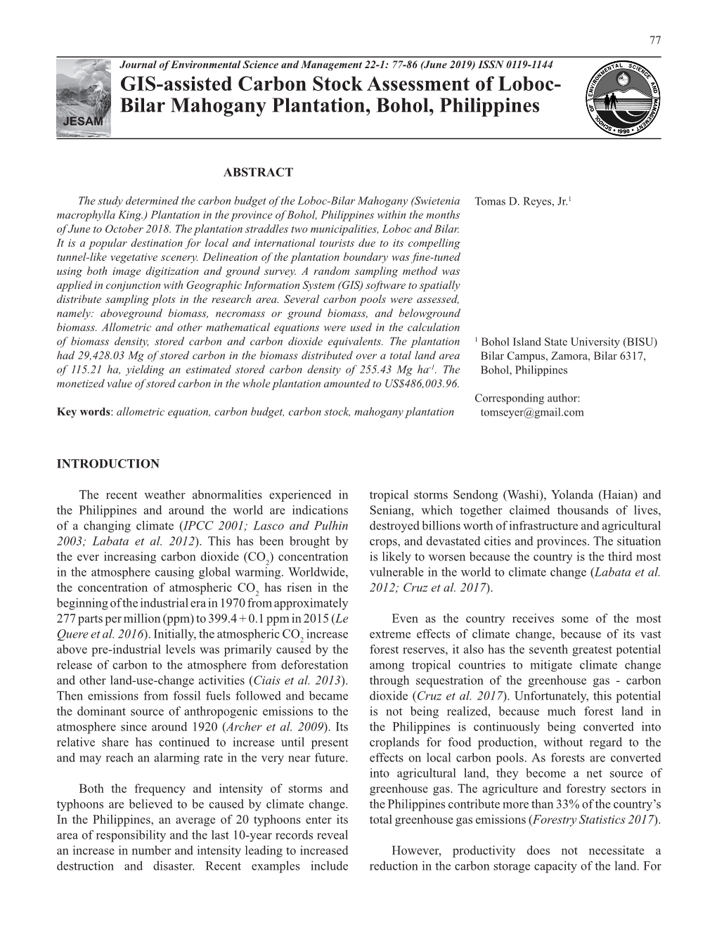 GIS-Assisted Carbon Stock Assessment of Loboc- Bilar Mahogany Plantation, Bohol, Philippines JESAM