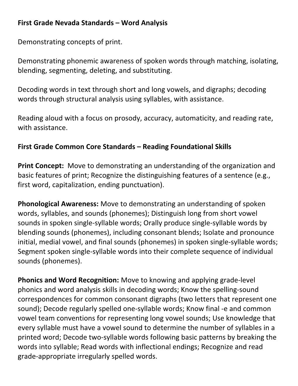 First Grade Nevada Standards Word Analysis