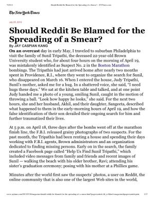 Should Reddit Be Blamed for the Spreading of a Smear? - Nytimes.Com