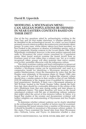 David R. Lipovitch Modeling a Mycenaean Menu: Can Aegean