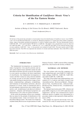 Criteria for Identification of Cauliflower Mosaic Virus's of the Far Eastern