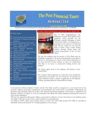 South African Parliament Passed the Post Bank Bill in This Issue; Sep 14 2010
