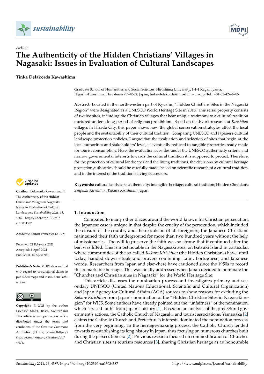 The Authenticity of the Hidden Christians' Villages in Nagasaki: Issues in Evaluation of Cultural Landscapes