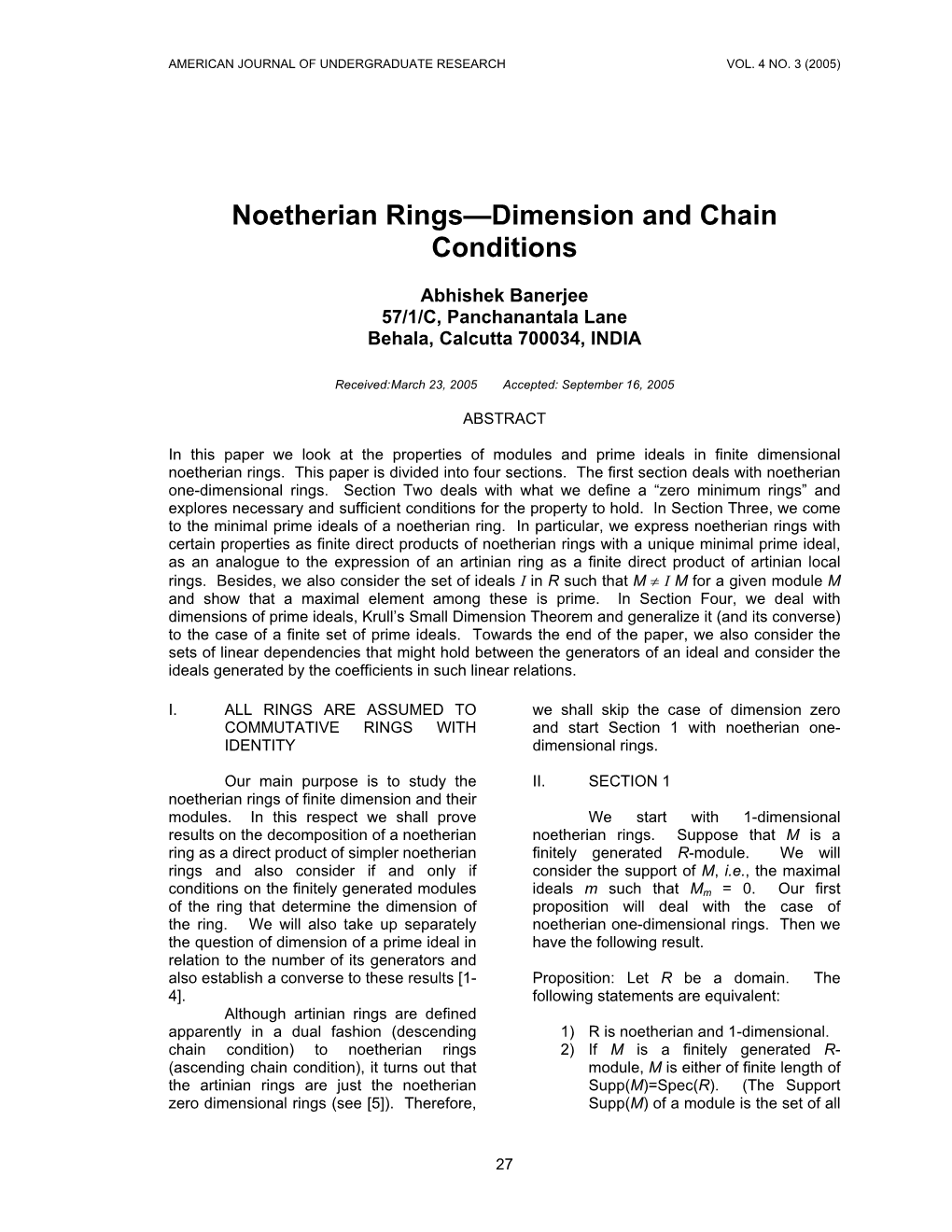 Noetherian Rings—Dimension and Chain Conditions