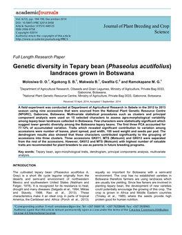 Genetic Diversity in Tepary Bean (Phaseolus Acutifolius) Landraces Grown in Botswana