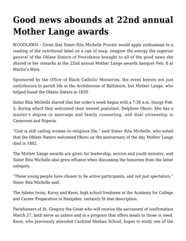 Good News Abounds at 22Nd Annual Mother Lange Awards,Sister
