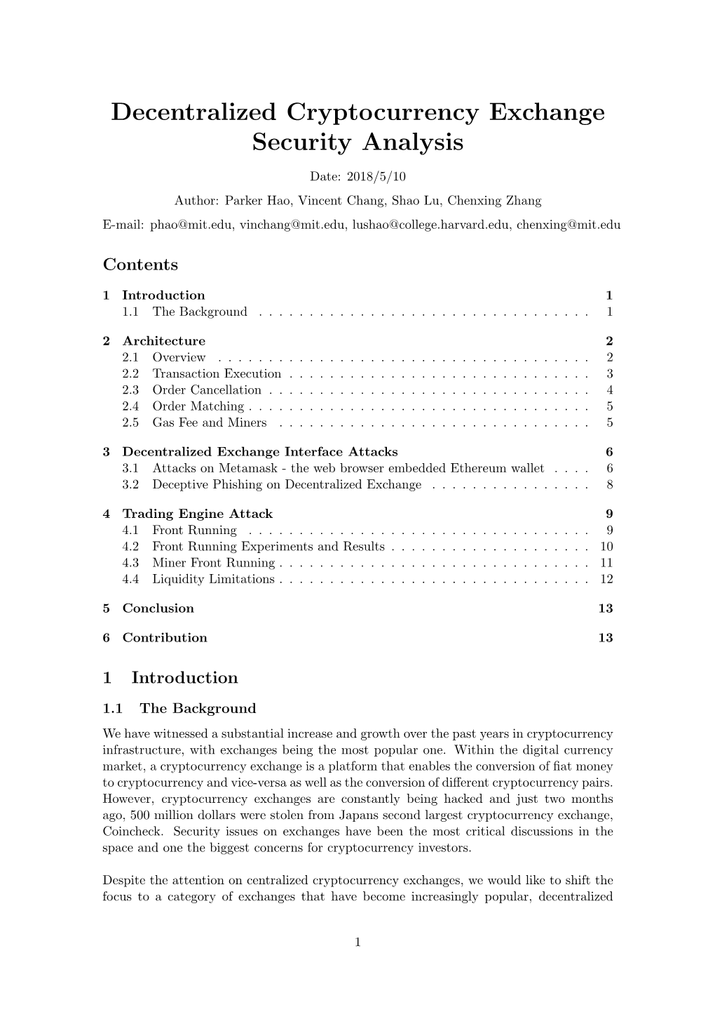 Decentralized Cryptocurrency Exchange Security Analysis