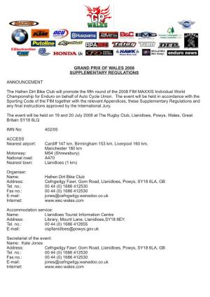 Grand Prix of Wales 2008 Supplementary Regulations