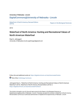 Hunting and Recreational Values of North American Waterfowl