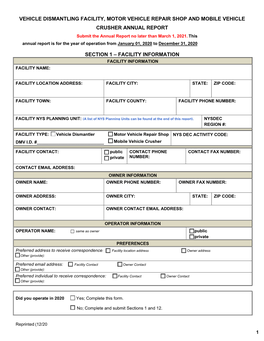 VEHICLE DISMANTLING FACILITY, MOTOR VEHICLE REPAIR SHOP and MOBILE VEHICLE CRUSHER ANNUAL REPORT Submit the Annual Report No Later Than March 1, 2021