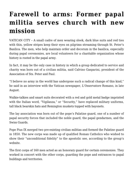 Farewell to Arms: Former Papal Militia Serves Church with New Mission