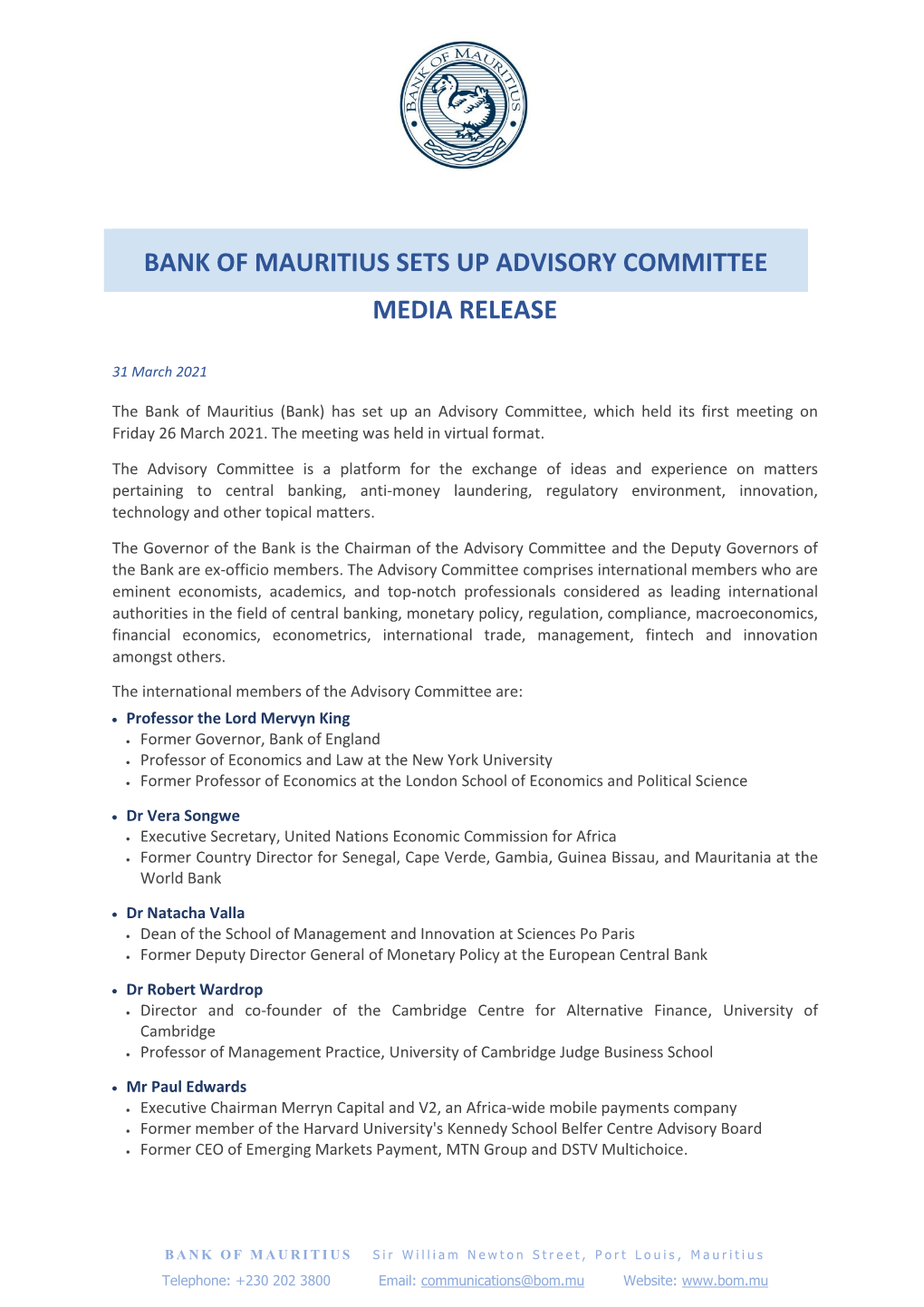Bank of Mauritius Sets up Advisory Committee Media Release