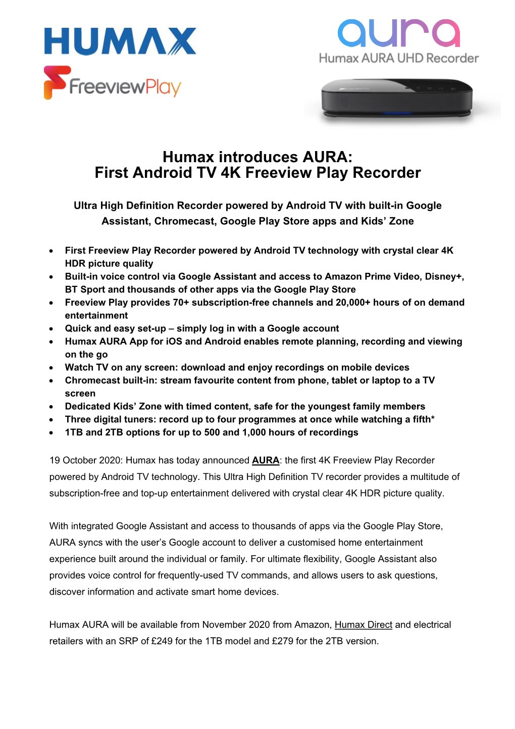 Humax Introduces AURA: First Android TV 4K Freeview Play Recorder