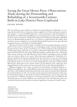 Saving the Great House Press: Observations Made During the Dismantling and Rebuilding of a Seventeenth-Century Built-In Lake District Press-Cupboard Frank Wood