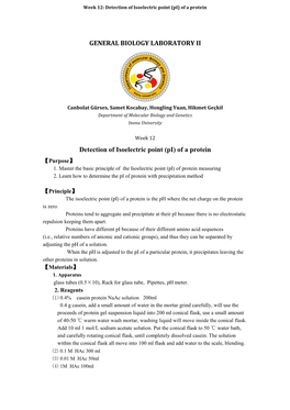 GENERAL BIOLOGY LABORATORY II Detection of Isoelectric Point (Pi) Of