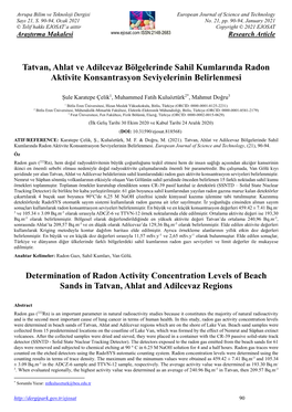 Tatvan, Ahlat Ve Adilcevaz Bölgelerinde Sahil Kumlarında Radon Aktivite Konsantrasyon Seviyelerinin Belirlenmesi