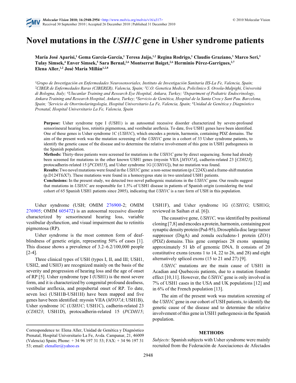 Novel Mutations in the USH1C Gene in Usher Syndrome Patients