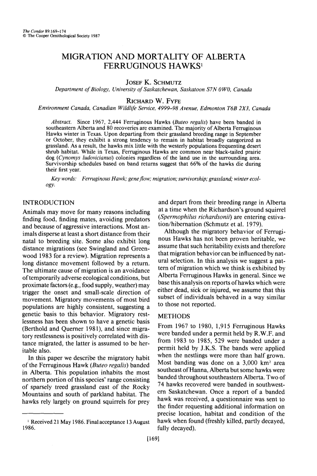 Migration and Mortality of Alberta Ferruginous Hawks