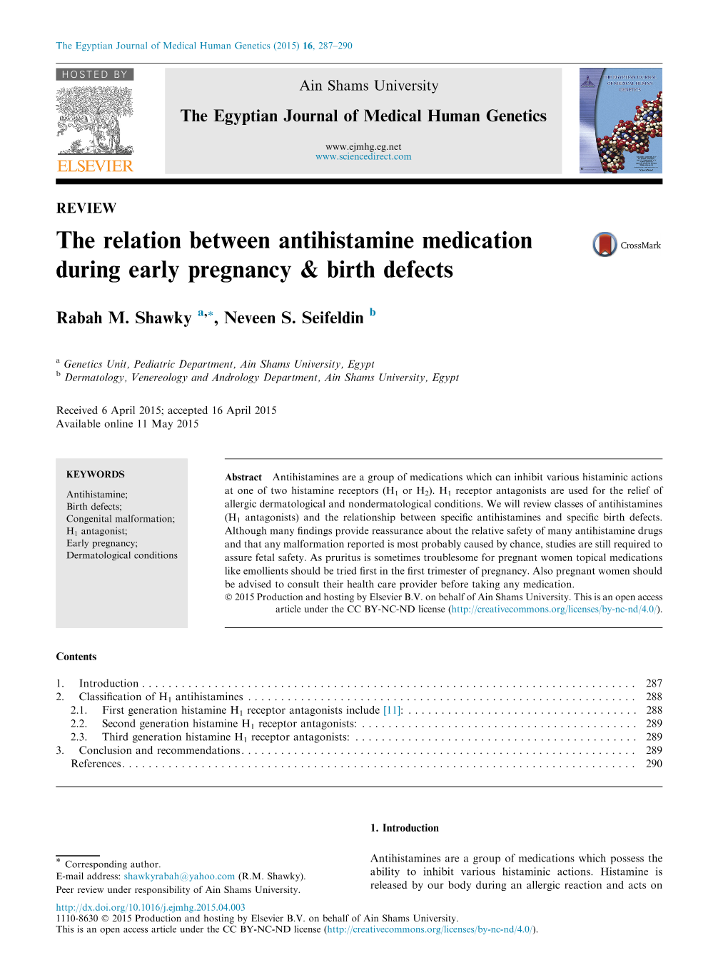 The Relation Between Antihistamine Medication During Early Pregnancy & Birth Defects