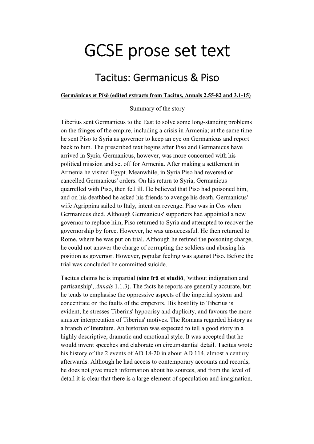 GCSE Germanicus and Piso Set Text