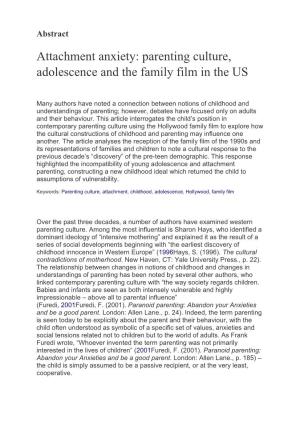 Attachment Anxiety: Parenting Culture, Adolescence and the Family Film in the US