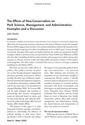 The Effects of Neo-Conservatism on Park Science, Management, and Administration: Examples and a Discussion