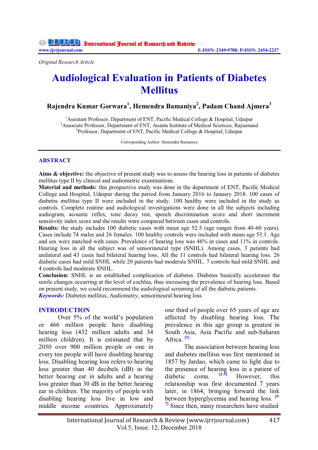 Audiological Evaluation in Patients of Diabetes Mellitus