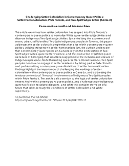 Challenging Settler Colonialism in Contemporary Queer Politics: Settler Homonationalism, Pride Toronto, and Two-Spirit Subjectivities [Abstract]