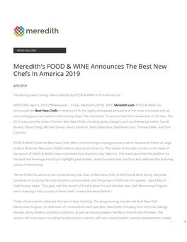Meredith's FOOD & WINE Announces the Best New Chefs in America 2019
