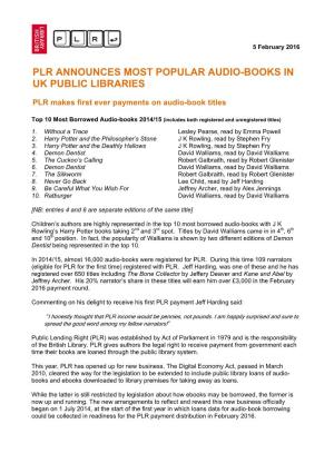 Plr Announces Most Popular Audio-Books in Uk Public Libraries