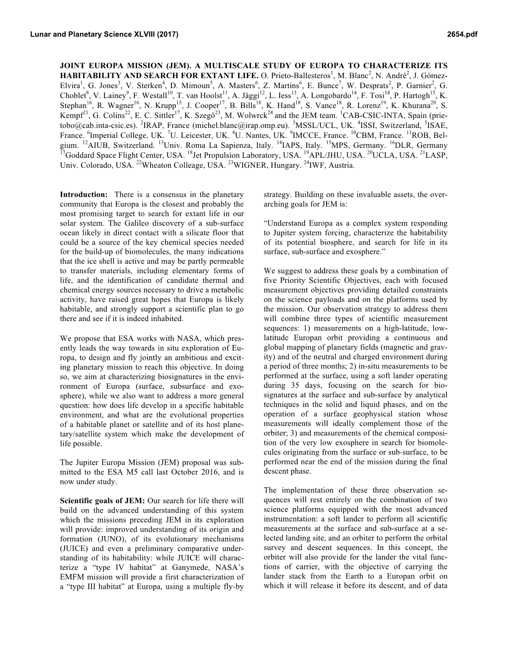 Joint Europa Mission (Jem). a Multiscale Study of Europa to Characterize Its Habitability and Search for Extant Life