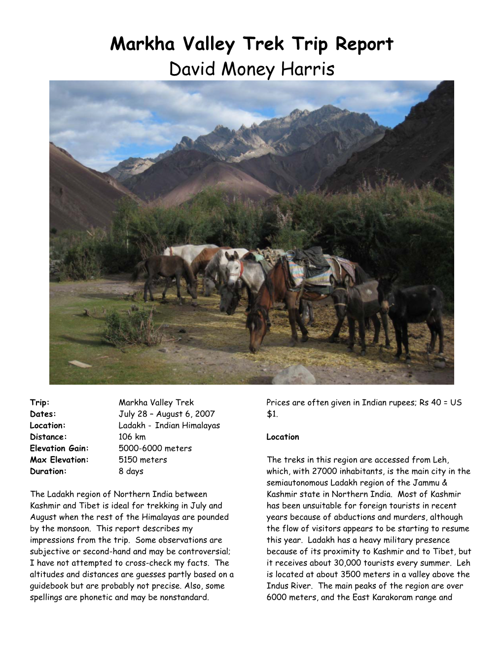 Markha Valley Trek Trip Report David Money Harris