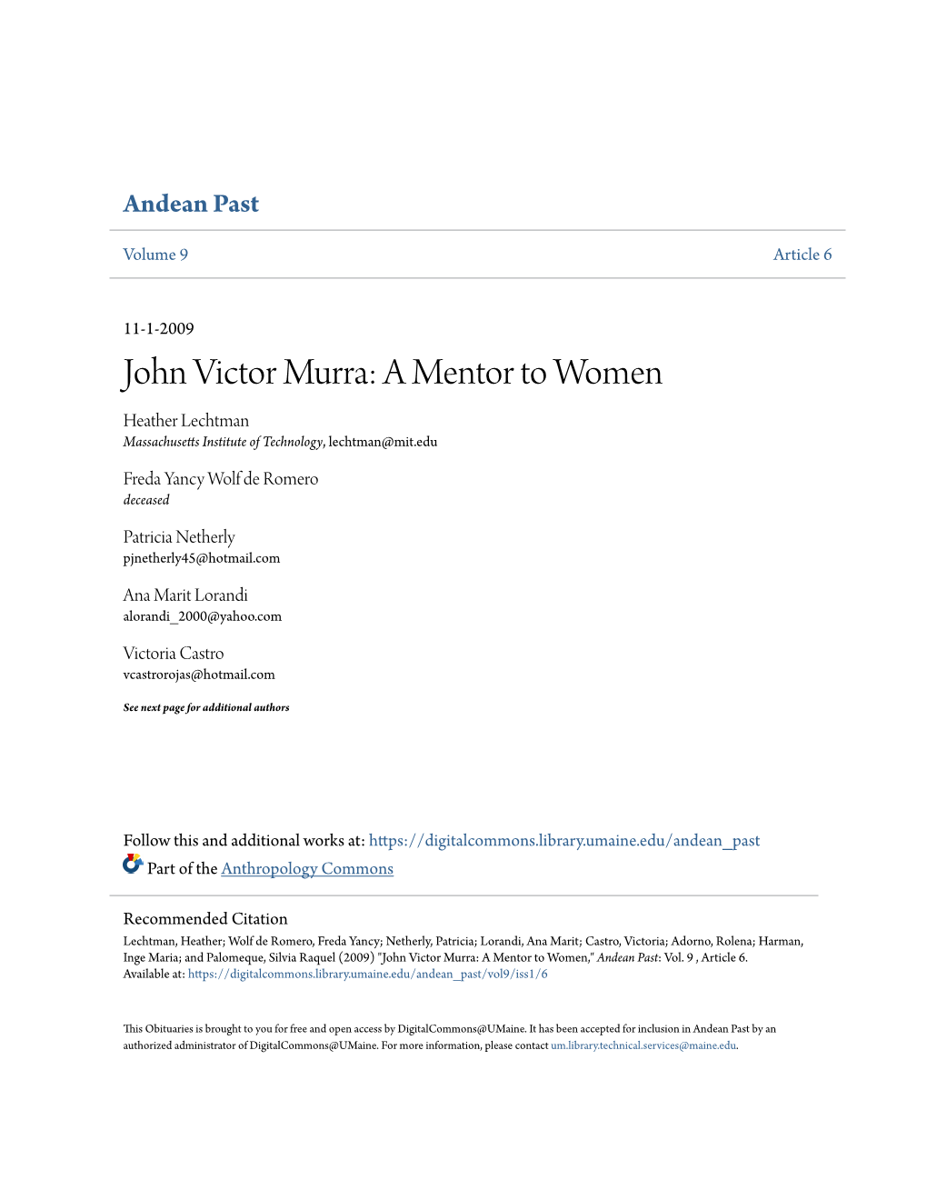 John Victor Murra: a Mentor to Women Heather Lechtman Massachusetts Ni Stitute of Technology, Lechtman@Mit.Edu