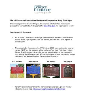 List of Pomeroy Foundation Markers & Plaques for Snap That Sign