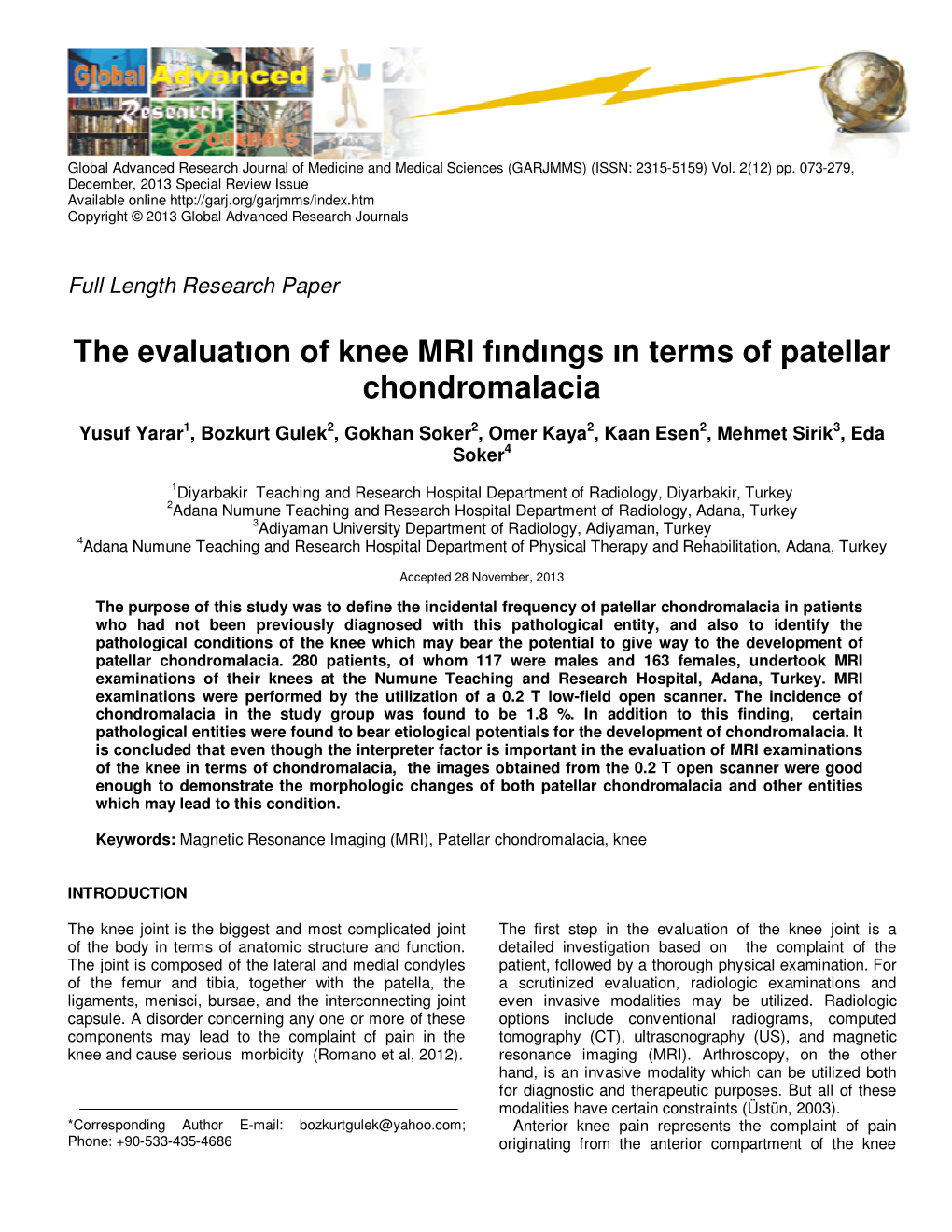 The Evaluatıon of Knee MRI Fındıngs in Terms of Patellar Chondromalacia